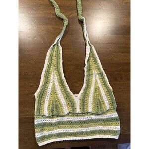 Women’s Hollister Crochet Plunge Halter Crop Top, Green And White Striped Size M
